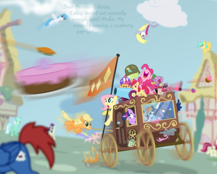 Size: 900x723 | Tagged: safe, artist:the-loneknight, derpibooru import, apple bloom, applejack, bon bon, derpy hooves, fluttershy, granny smith, holly dash, lightning bolt, lyra heartstrings, pinkie pie, princess luna, rainbow dash, rarity, roseluck, scootaloo, spike, sunshower raindrops, sweetie drops, white lightning, oc, pegasus, pony, buggy, cake, carriage, cupcake, female, fight, flag, mare, noodle incident, party cannon, pie, random, wat