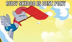 Size: 770x446 | Tagged: safe, derpibooru import, edit, edited screencap, screencap, ski doo, pegasus, pony, winter wrap up, background pony, best pony, eyes closed, female, image macro, mare, mouth hold, recolor, red mane, shovel, snow, snow shovel, solo, spread wings, weather team, wings, winter wrap up vest