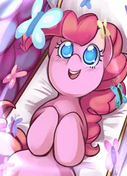 Size: 530x732 | Tagged: artist:ende26, butterfly, couch, cute, derpibooru import, diapinkes, looking up, on back, pinkie pie, safe, solo, too many pinkie pies