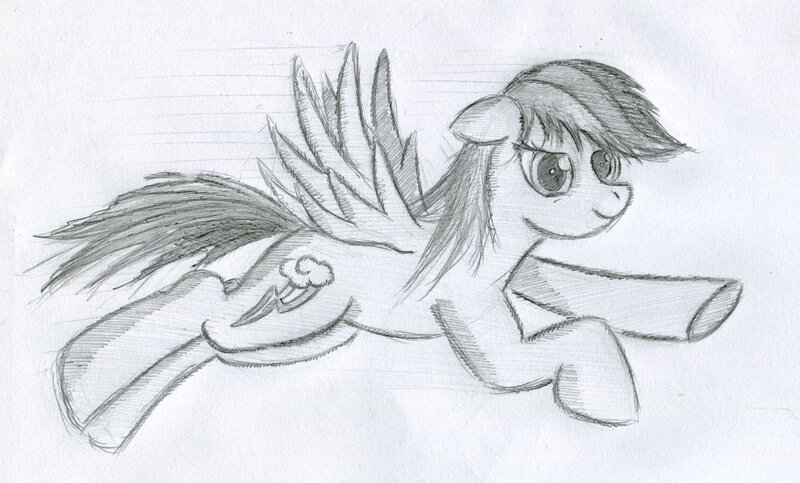 Size: 1150x694 | Tagged: safe, artist:malamol, derpibooru import, rainbow dash, pegasus, pony, female, floppy ears, flying, grayscale, mare, monochrome, simple background, solo, traditional art, white background