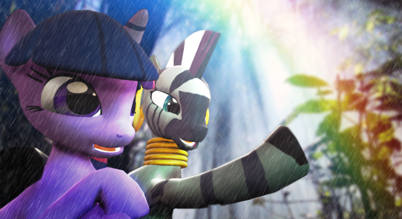 Size: 900x490 | Tagged: 3d, artist:illu-mint, derpibooru import, gmod, rain, rainforest, safe, twilight sparkle, zebra, zecora