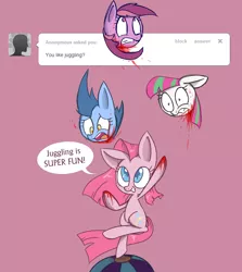 Size: 1280x1438 | Tagged: artist:voids-edge, ask, blood, blossomforth, cute, decapitated, derpibooru import, disembodied head, pinkamena diane pie, pinkie pie, question pinkamena, semi-grimdark, severed head, tumblr, wide eyes