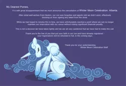 Size: 1100x750 | Tagged: artist needed, source needed, safe, derpibooru import, oc, alicorn, pony, alicorn oc, announcement, convention, crying, ethereal mane, eyes closed, female, mare, purple background, sad, simple background, solo, starry wings, winter moon celebration