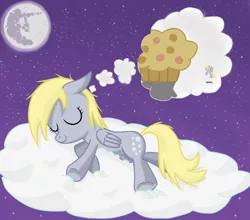 Size: 1024x900 | Tagged: safe, artist:robsa990, derpibooru import, derpy hooves, pegasus, pony, cloud, dream, female, mare, mare in the moon, moon, muffin, on a cloud, sleeping, solo