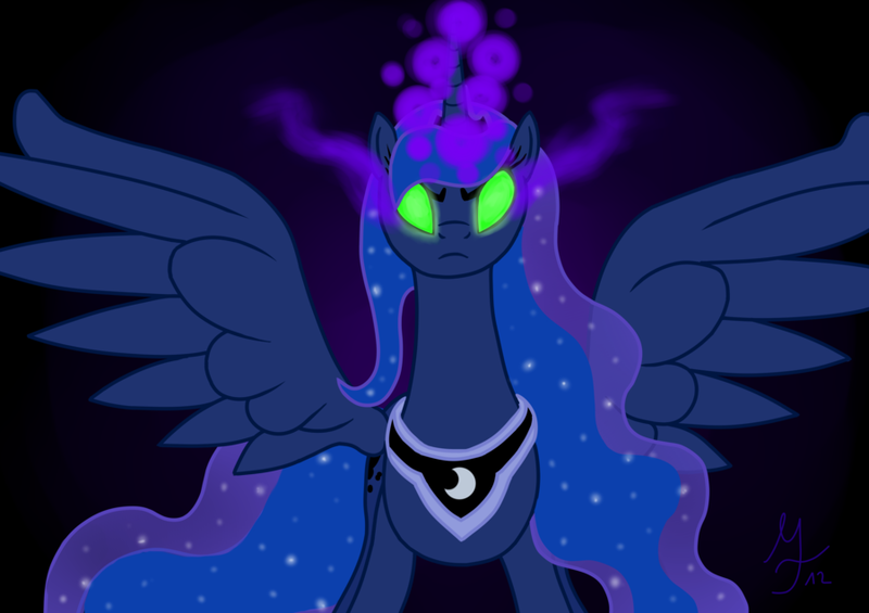 Size: 900x636 | Tagged: safe, artist:salahir, derpibooru import, princess luna, alicorn, pony, black background, dark magic, ethereal mane, female, green eyes, mare, simple background, solo, sombra eyes, spread wings, starry mane