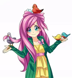 Size: 750x814 | Tagged: artist:semehammer, bird, clothes, cute, derpibooru import, dress, eye clipping through hair, female, fluttershy, human, humanized, looking at you, safe, shrug, shrugpony, shyabetes, simple background, solo, sweat, sweatdrop, white background