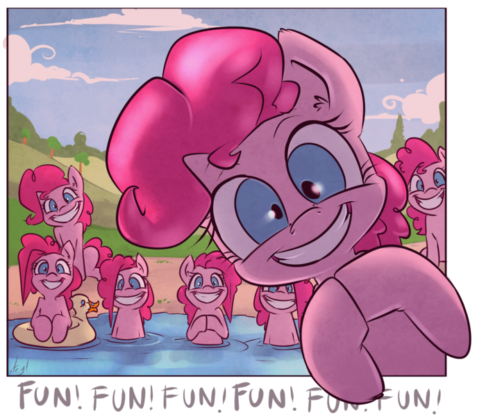 Size: 1000x873 | Tagged: safe, artist:atryl, derpibooru import, pinkie pie, earth pony, pony, too many pinkie pies, clone, clones, female, floaty, fourth wall, fun fun fun, grin, looking at you, mare, multeity, pinkie clone, smiling, too much pink energy is dangerous, wide eyes