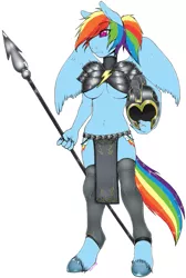 Size: 751x1117 | Tagged: suggestive, artist:niisbbb, derpibooru import, commander hurricane, rainbow dash, anthro, unguligrade anthro, armor, belly button, breasts, clothes, female, image, loincloth, midriff, png, unconvincing armor, underboob