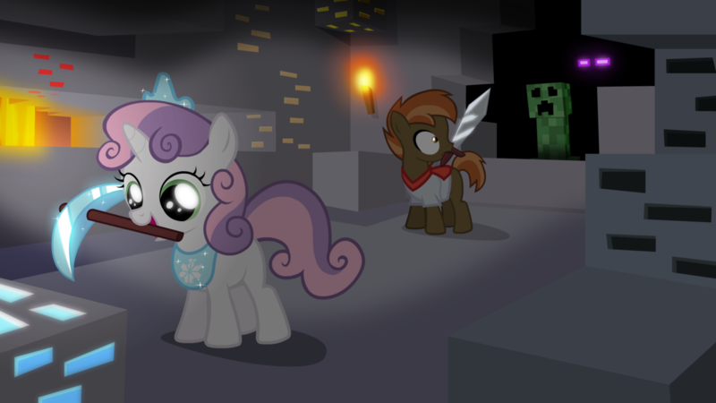 Size: 1280x720 | Tagged: safe, artist:jan, derpibooru import, button mash, sweetie belle, earth pony, enderman, pony, unicorn, ask the crusaders, cave, coal, colt, creeper, diamond, diamond pickaxe, eyes in the dark, female, filly, foal, glowing eyes, gold, male, minecraft, mining, pickaxe, princess, redstone, sword, torch, wallpaper