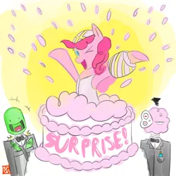 Size: 900x900 | Tagged: artist:lordvader914, bionicle, birthday cake, cake, crossover, derpibooru import, kopaka, lego, lewa, pinkie pie, pop out cake, safe, surprise cake