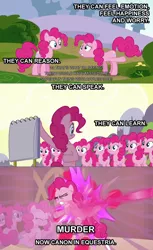 Size: 640x1049 | Tagged: safe, derpibooru import, edit, edited screencap, screencap, pinkie pie, earth pony, pony, too many pinkie pies, caption, clone, comic, female, imminent death, implied murder, mare, meta, pinkie clone, pinkie clone debate, screencap comic