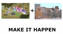 Size: 680x371 | Tagged: all caps, blazing saddles, bridle gossip, derpibooru import, edit, edited screencap, exploitable meme, flutterguy, gun, hairity, handgun, make it happen, meme, pot, revolver, safe, screencap, spitty pie, twilight flopple