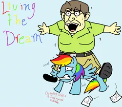 Size: 966x846 | Tagged: safe, derpibooru import, rainbow dash, gabe newell, glasses, riding, text, vulgar