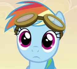 Size: 636x576 | Tagged: safe, derpibooru import, screencap, rainbow dash, pony, hurricane fluttershy, bust, cropped, goggles, portrait, reaction image, solo