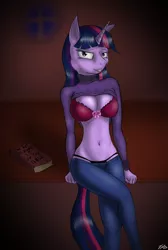 Size: 662x987 | Tagged: anthro, artist:tunderi, belly button, bra, breasts, cleavage, clothes, derpibooru import, female, panties, sexy, suggestive, thong, twilight sparkle, underwear