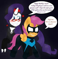 Size: 1681x1724 | Tagged: artist:blackbewhite2k7, batman, catwoman, crossover, derpibooru import, glasses, nightwing, parody, rarity, robin, safe, scootaloo