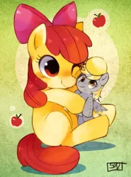 Size: 612x828 | Tagged: safe, artist:suikuzu, derpibooru import, apple bloom, derpy hooves, pony, adorabloom, cute, plushie