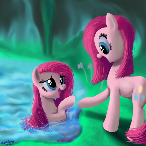 Size: 2000x2000 | Tagged: safe, artist:deathpwny, derpibooru import, pinkie pie, earth pony, pony, too many pinkie pies, cave, cave pool, clone, cute, cuteamena, duality, female, mirror pool, pinkamena diane pie, pinkie clone, too many pinkamenas