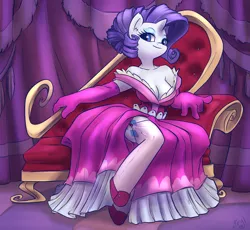 Size: 1000x918 | Tagged: suggestive, artist:atryl, derpibooru import, rarity, anthro, unguligrade anthro, unicorn, breasts, cleavage, clothes, couch, dress, evening gloves, female, solo, solo female