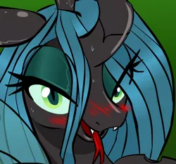 Size: 574x535 | Tagged: source needed, suggestive, artist:zev, derpibooru import, queen chrysalis, changeling, changeling queen, bedroom eyes, blushing, cute, cute little fangs, cutealis, fangs, forked tongue, open mouth, solo, sweat, tongue out
