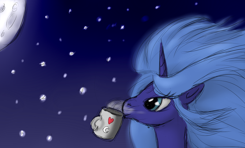 Size: 900x544 | Tagged: safe, artist:vabla, derpibooru import, princess luna, cup, messy mane, moon, solo