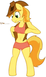 Size: 1194x1984 | Tagged: anthro, artist:acstlu, bailey sweet, belly button, bipedal, blushing, braeburn, bra on pony, breasts, busty bailey sweet, cleavage, clothes, derpibooru import, female, midriff, rule 63, sports bra, suggestive, surprised, vest