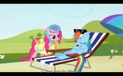 Size: 1024x640 | Tagged: beach chair, derpibooru import, pinkie pie, rainbow dash, safe, screencap, sunglasses, too many pinkie pies, youtube caption