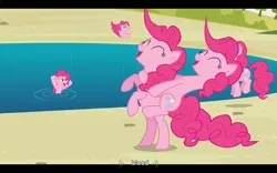 Size: 1024x640 | Tagged: clone, derpibooru import, hoofy-kicks, out of context, pinkie clone, pinkie pie, ponies riding ponies, rearing, riding, safe, screencap, too many pinkie pies, youtube caption