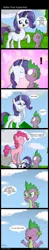 Size: 1430x7268 | Tagged: safe, artist:zsparkonequus, derpibooru import, pinkie pie, rarity, spike, alicorn, dragon, earth pony, pony, blushing, comic, dialogue, female, i'm okay with this, interspecies, kissing, male, mare, pinkiespike, ponysuit, shipping, sparity, speech bubble, straight