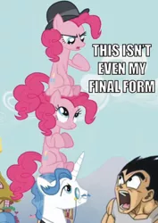 Size: 500x705 | Tagged: safe, derpibooru import, edit, screencap, fancypants, pinkie pie, earth pony, pony, unicorn, too many pinkie pies, clone, clones, dragon ball, dragon ball z, female, hat, image macro, male, mare, meme, pinkie clone, sitting, sitting on head, stallion, vegeta