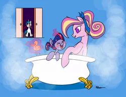 Size: 825x638 | Tagged: safe, artist:bunnimation, derpibooru import, princess cadance, shining armor, twilight sparkle, alicorn, pony, unicorn, alternate hairstyle, bath, bathtub, blood, blushing, claw foot bathtub, female, filly, levitation, magic, mare, nosebleed, ponytail, rubber duck, telekinesis