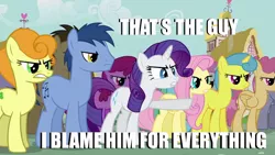 Size: 1000x563 | Tagged: angry mob, berry punch, berryshine, blues, carrot top, derpibooru import, dizzy twister, doctor whooves, fluttershy, golden harvest, image macro, lemon hearts, noteworthy, orange swirl, pointing, rarity, royal riff, safe, screencap, time turner, too many pinkie pies, twinkleshine