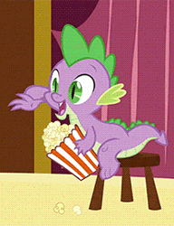 Size: 207x270 | Tagged: animated, cropped, derpibooru import, dis gon b gud, eating, edit, edited screencap, food, image macro, popcorn, reaction image, safe, screencap, solo, spike, too many pinkie pies