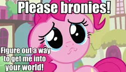 Size: 947x540 | Tagged: bronybait, derpibooru import, fourth wall, image macro, pinkie pie, sad, safe