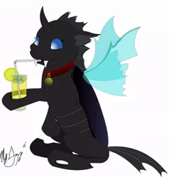 Size: 871x916 | Tagged: artist:ironhooves, bell, bell collar, changeling, changeling oc, collar, derpibooru import, drinking, fanfic:an affliction of the heart, female, lemonade, oc, oc:kuno, safe, solo, unofficial characters only