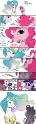 Size: 640x2160 | Tagged: safe, artist:elslowmo, artist:sunibee, color edit, derpibooru import, edit, pinkie pie, princess celestia, spike, twilight sparkle, alicorn, dragon, earth pony, pony, unicorn, aaaaaaaaaa, bet you can't make a face crazier than this, colored, comic, crown, dialogue, dropping, eye contact, female, funny, g3 faic, hoers, horn, jewelry, looking at each other, magic, mare, mouth hold, nightmare fuel, open mouth, peytral, pinkie blind, realistic, regalia, shocked