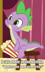 Size: 155x250 | Tagged: derpibooru import, dick in a box, image macro, popcorn, robot chicken, spike, suggestive