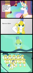 Size: 1500x3300 | Tagged: artist:lightningtumble, cave, cave pool, clones, cloning, comic, derpibooru import, mirror pool, princess celestia, royal guard, safe, saluting guards