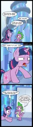 Size: 683x2583 | Tagged: safe, artist:madmax, derpibooru import, spike, twilight sparkle, dragon, pony, unicorn, the crystal empire, comic, elevator, exhausted, failed a spot check, female, king sombra's stair dimension, male, mare, stairs, sweat, unicorn twilight