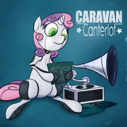 Size: 800x800 | Tagged: safe, artist:subjectnumber2394, derpibooru import, sweetie belle, ponified, pony, robot, unicorn, album cover, caravan palace, female, filly, gramophone, hooves, horn, open mouth, ponified album cover, sitting, solo, sweetie bot, text