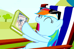 Size: 500x334 | Tagged: animated, beach chair, book, cropped, daring do, derpibooru import, rainbow dash, safe, screencap, solo, sunglasses, too many pinkie pies, yawn
