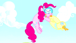 Size: 500x281 | Tagged: safe, derpibooru import, screencap, pinkie pie, duck, earth pony, pony, too many pinkie pies, animated, blowing, female, floaty, goggles, mare, pool toy, snorkel, solo, swimming goggles