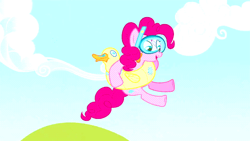 Size: 500x281 | Tagged: safe, derpibooru import, screencap, pinkie pie, duck, earth pony, pony, too many pinkie pies, animated, female, floaty, goggles, inner tube, mare, pool toy, snorkel, solo, splash, swimming goggles, water