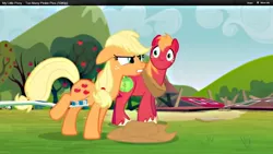 Size: 1366x768 | Tagged: safe, artist:fineartobserver, derpibooru import, edit, edited screencap, screencap, applejack, big macintosh, earth pony, pony, too many pinkie pies, brushie, duo, hat off, male, stallion, toothbrush