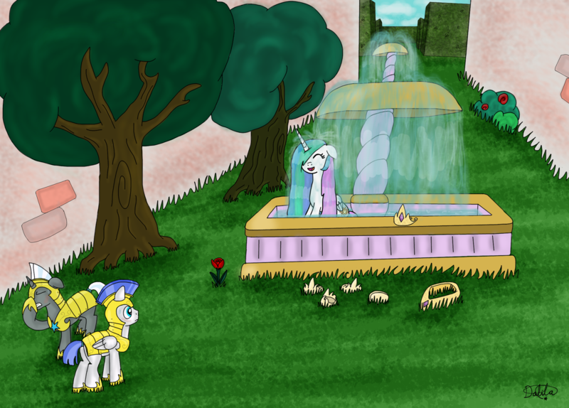 Size: 2114x1518 | Tagged: safe, artist:dalilastar, derpibooru import, princess celestia, alicorn, pegasus, pony, unicorn, :d, armor, bath, cute, cutelestia, eyes closed, facehoof, female, floppy ears, fountain, grass, gritted teeth, happy, hoof shoes, jewelry, male, mare, missing accessory, open mouth, pegasus royal guard, peytral, plot, royal guard, silly, silly pony, stallion, surprised, tiara, tree, unamused, unicorn royal guard, wet, wet mane, wide eyes