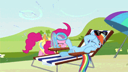 Size: 500x281 | Tagged: safe, derpibooru import, screencap, pinkie pie, rainbow dash, earth pony, pegasus, pony, too many pinkie pies, animated, beach chair, behaving like a dog, duo, female, goggles, inner tube, mare, shaking, snorkel, sunglasses, swimming goggles, wet-dog shake