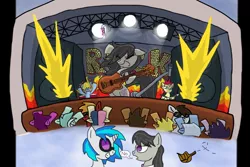 Size: 1024x682 | Tagged: artist:chaos-flare44, derpibooru import, drums, guitar, octavia is not amused, octavia melody, rock concert, safe, unamused, vinyl scratch