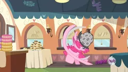 Size: 1280x720 | Tagged: safe, derpibooru import, screencap, pinkie pie, earth pony, pony, mmmystery on the friendship express, deerstalker, female, great moments in animation, hat, hub logo, mare, smear frame, solo, wat