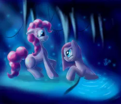 Size: 3000x2587 | Tagged: artist:hieronymuswhite, cave, cave pool, derpibooru import, duality, mirror pool, oh crap, pinkamena diane pie, pinkie pie, safe, this will not end well