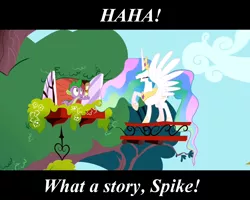 Size: 1280x1024 | Tagged: safe, derpibooru import, edit, edited screencap, screencap, princess celestia, spike, alicorn, dragon, pony, feeling pinkie keen, caption, duo, ethereal mane, female, laughing, male, mare, raised hoof, smiling, the room, window